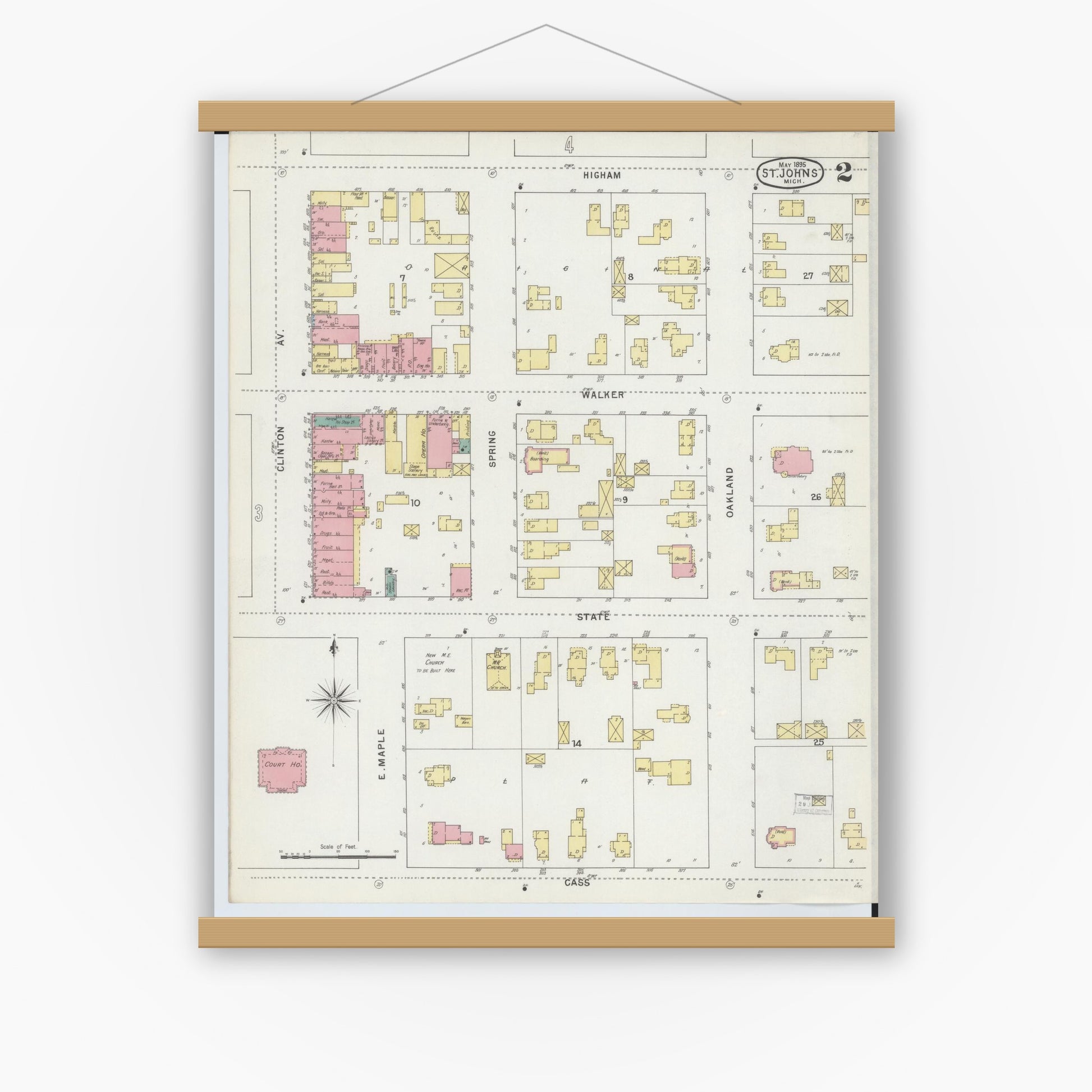 Old map wall art mockup — magnetic wood frame on white wall — Sanborn Fire Insurance Map from Saint Johns, Clinton County, Michigan (1895), Sheet #0002
