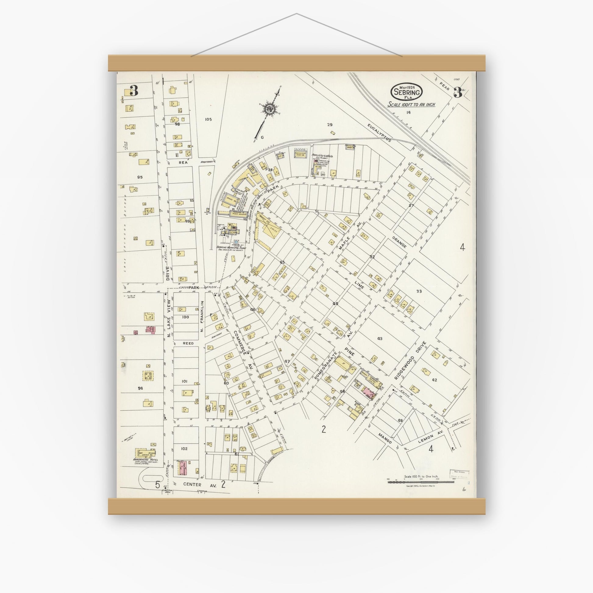 Old map wall art mockup — magnetic wood frame on white wall — Sanborn Fire Insurance Map from Sebring, Highlands County, Florida (1924), Sheet #0003