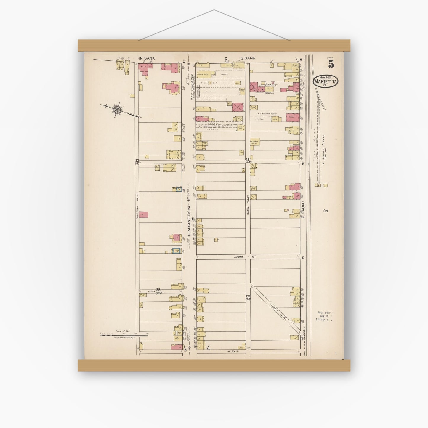 Old map wall art mockup — magnetic wood frame on white wall — Sanborn Fire Insurance Map from Marietta, Lancaster County, Pennsylvania (1922), Sheet #0005