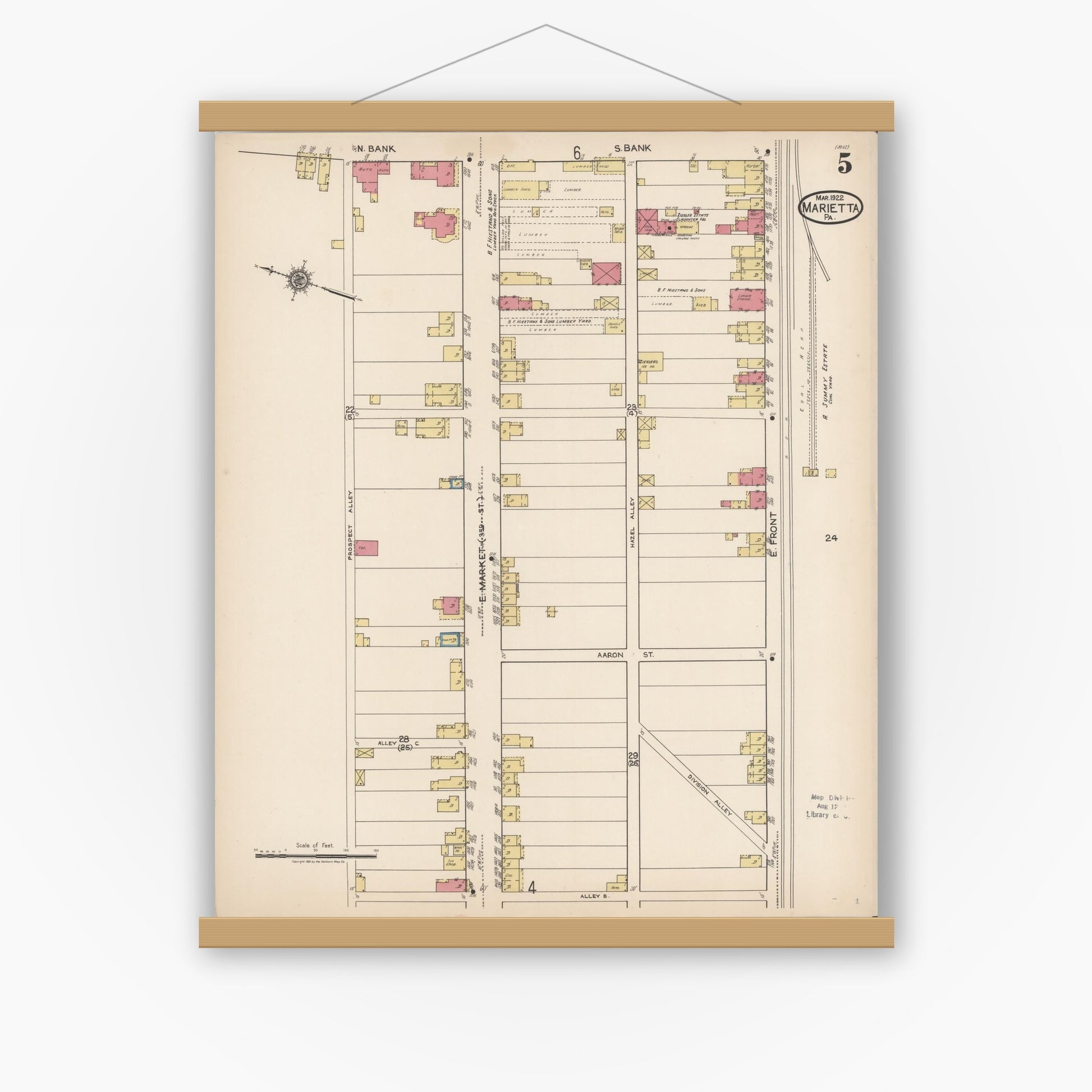 Old map wall art mockup — magnetic wood frame on white wall — Sanborn Fire Insurance Map from Marietta, Lancaster County, Pennsylvania (1922), Sheet #0005