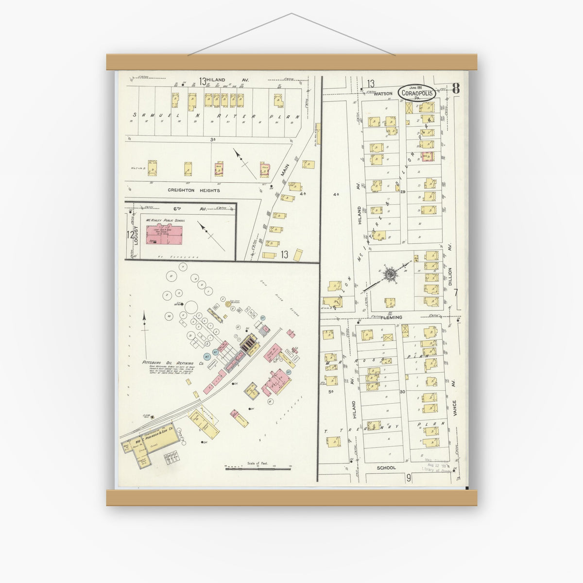 Old map wall art mockup — magnetic wood frame on white wall — Sanborn Fire Insurance Map from Coraopolis, Allegheny County, Pennsylvania (1911), Sheet #0008
