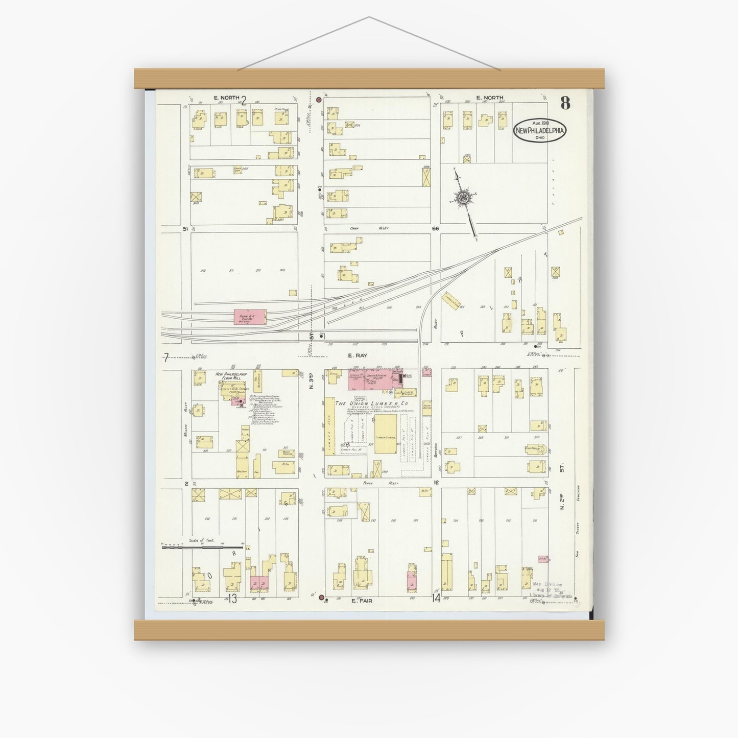 Old map wall art mockup — magnetic wood frame on white wall — Sanborn Fire Insurance Map from New Philadelphia, Tuscarawas County, Ohio (1910), Sheet #0008