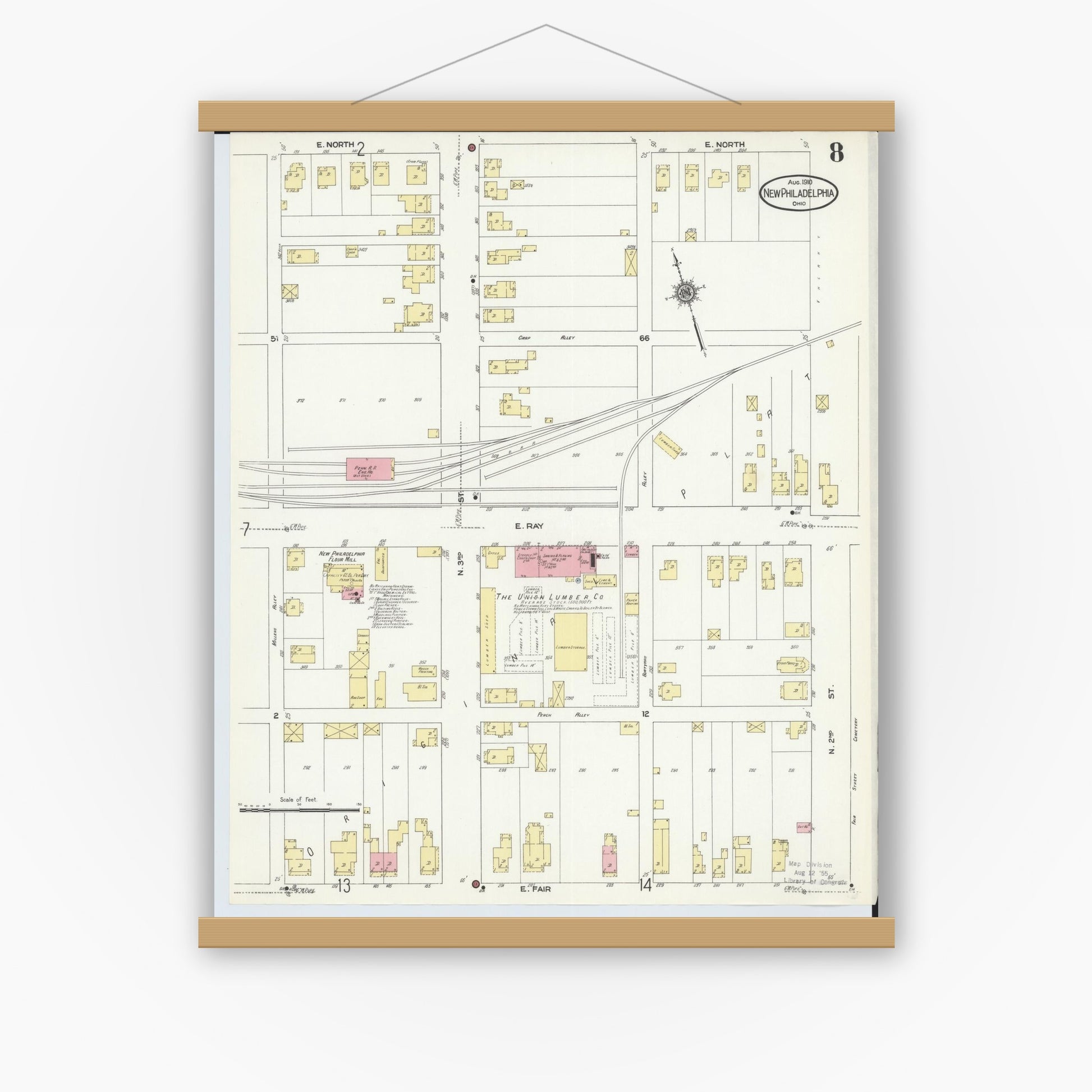 Old map wall art mockup — magnetic wood frame on white wall — Sanborn Fire Insurance Map from New Philadelphia, Tuscarawas County, Ohio (1910), Sheet #0008