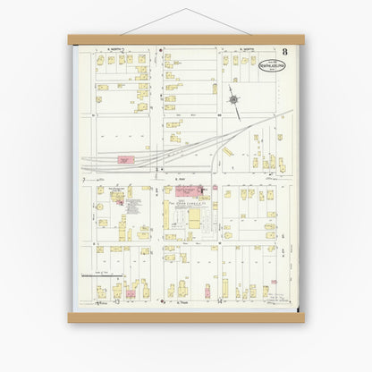 Old map wall art mockup — magnetic wood frame on white wall — Sanborn Fire Insurance Map from New Philadelphia, Tuscarawas County, Ohio (1910), Sheet #0008