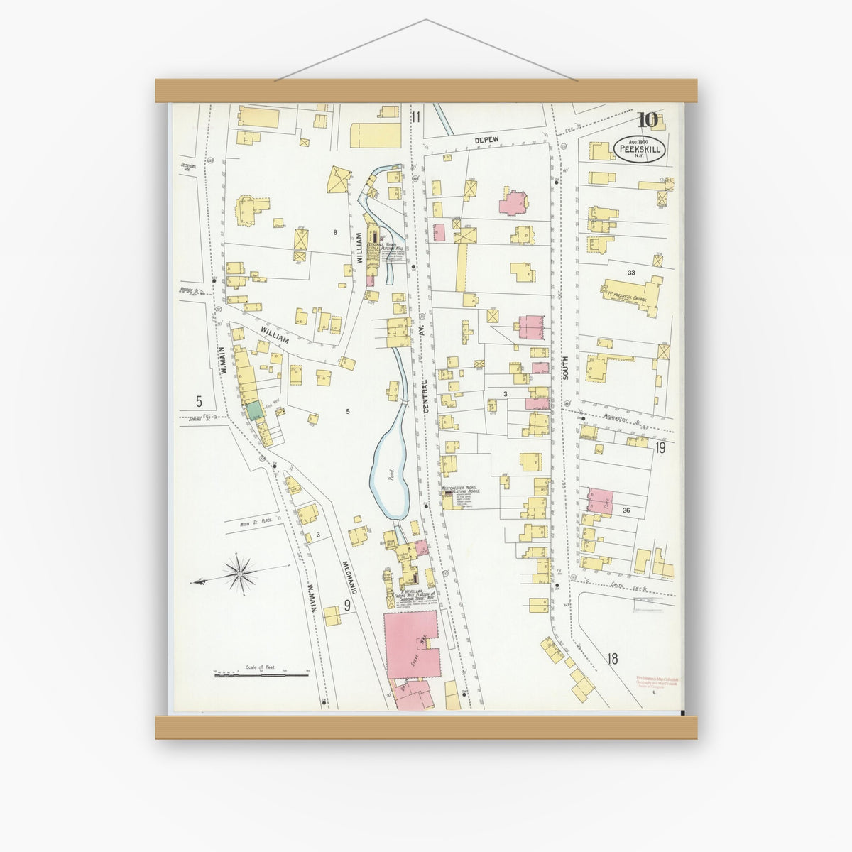 Old map wall art mockup — magnetic wood frame on white wall — Sanborn Fire Insurance Map from Peekskill, Westchester County, New York (1900), Sheet #0010
