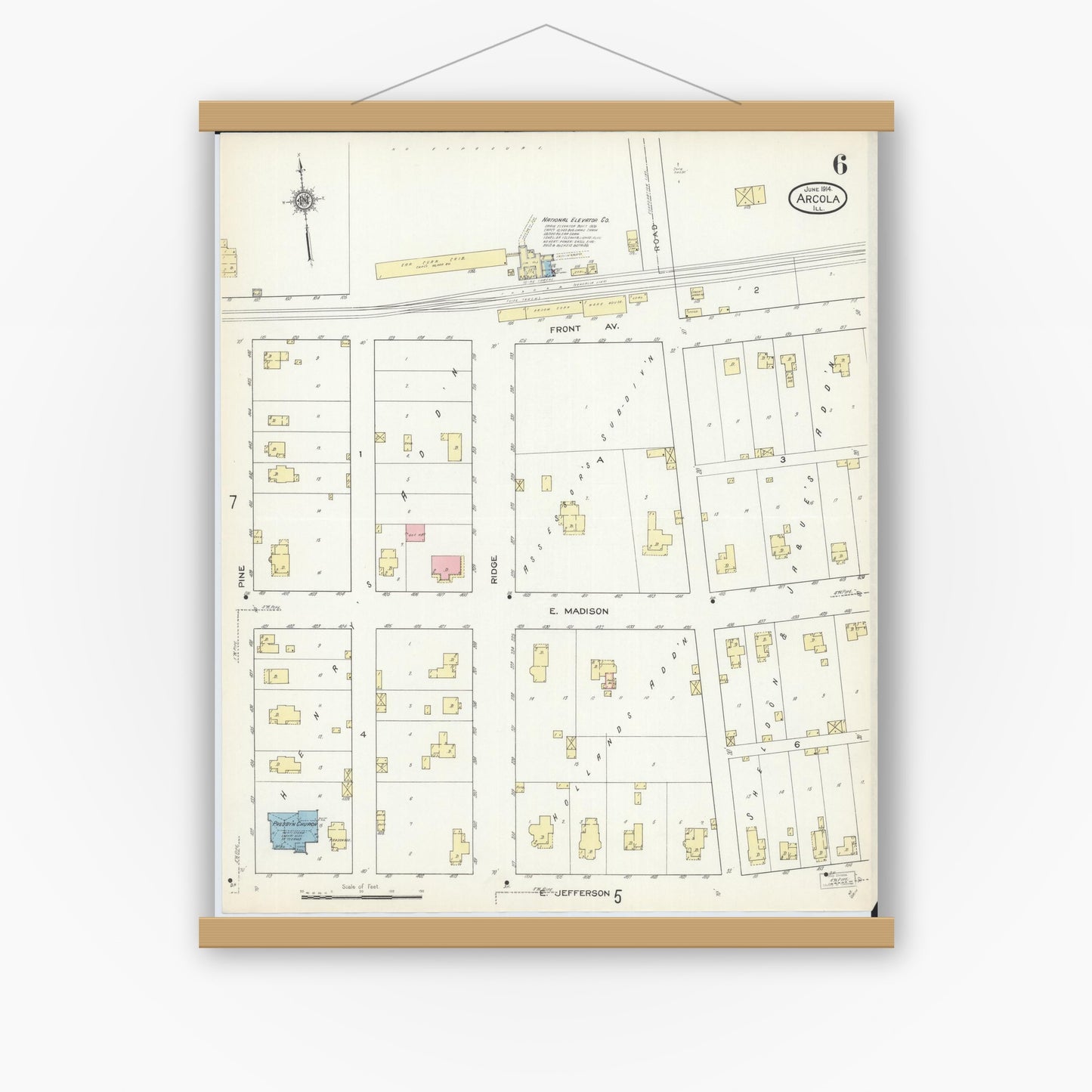 Old map wall art mockup — magnetic wood frame on white wall — Sanborn Fire Insurance Map from Arcola, Douglas County, Illinois (1914), Sheet #0006
