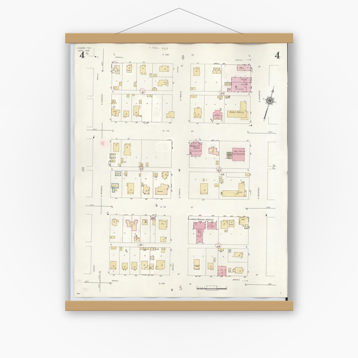 Old map wall art mockup — magnetic wood frame on white wall — Sanborn Fire Insurance Map from Lamesa, Dawson County, Texas (1948), Sheet #0004