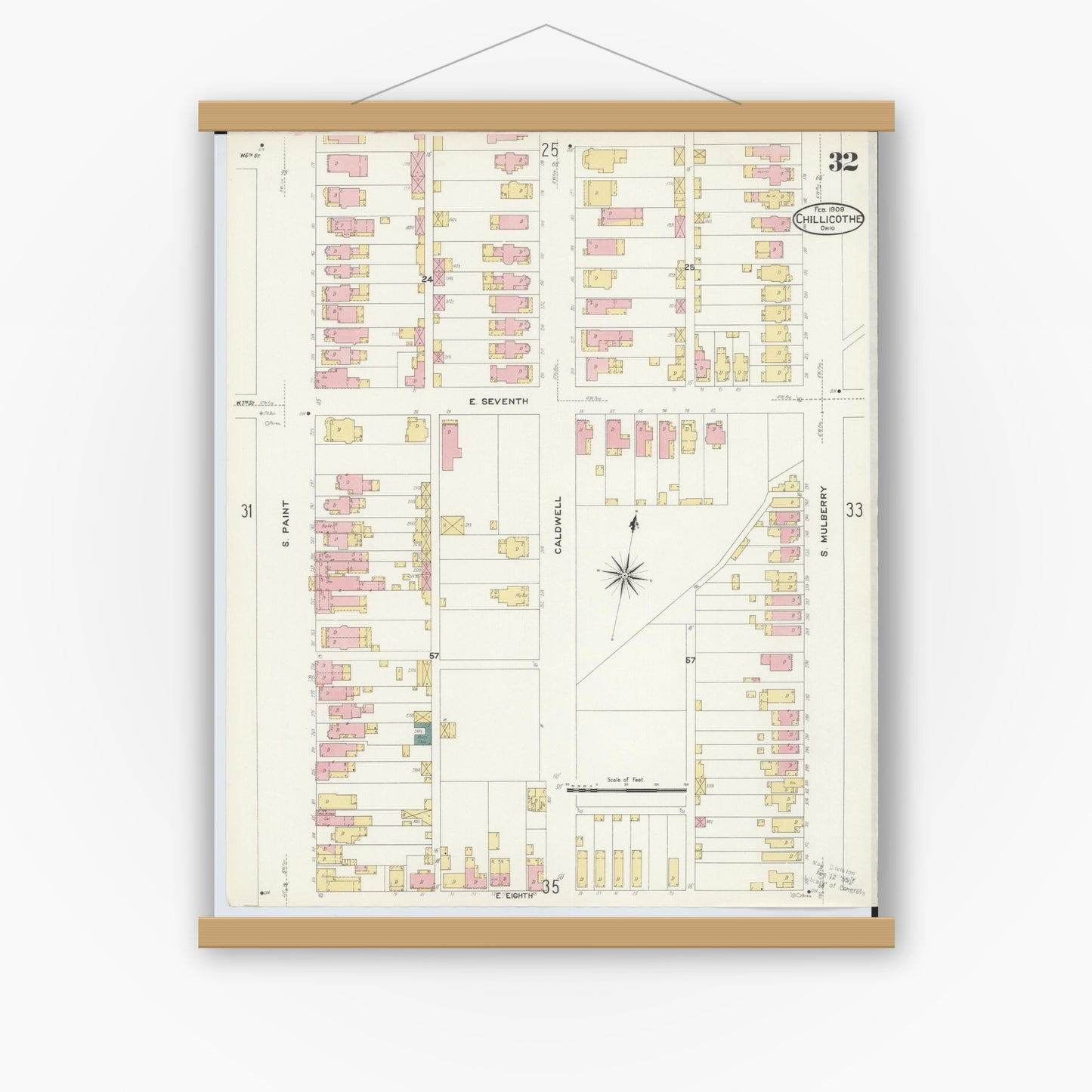 Old map wall art mockup — magnetic wood frame on white wall — Sanborn Fire Insurance Map from Chillicothe, Ross County, Ohio (1909), Sheet #0032