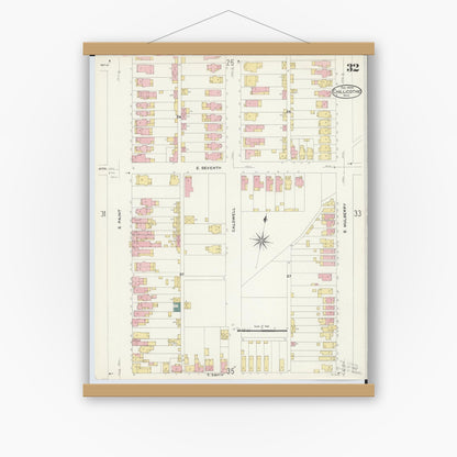 Old map wall art mockup — magnetic wood frame on white wall — Sanborn Fire Insurance Map from Chillicothe, Ross County, Ohio (1909), Sheet #0032