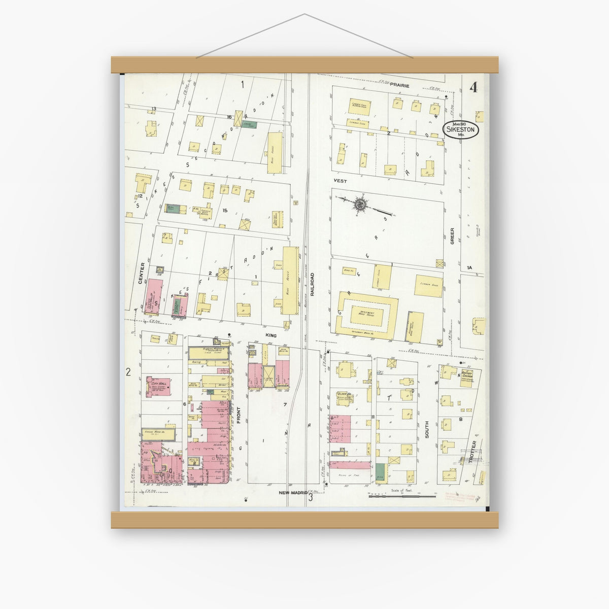 Old map wall art mockup — magnetic wood frame on white wall — Sanborn Fire Insurance Map from Sikeston, Scott County, Missouri (1910), Sheet #0004