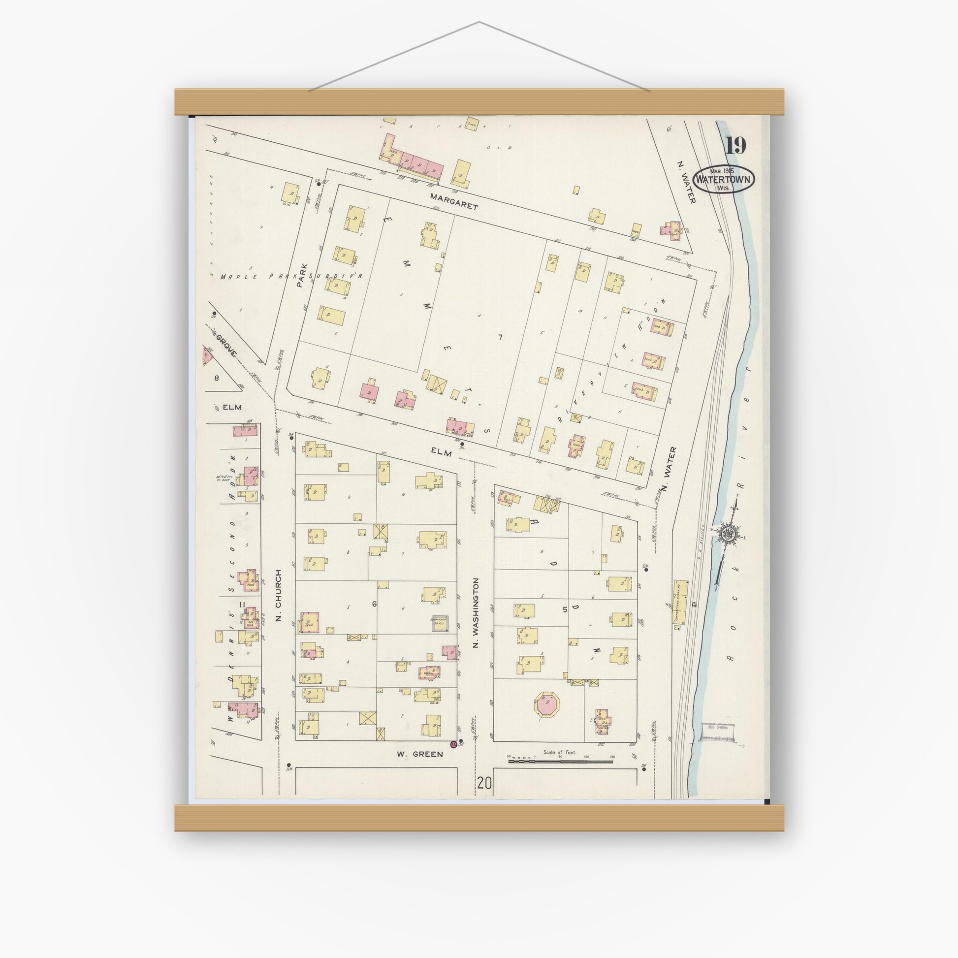Old map wall art mockup — magnetic wood frame on white wall — Sanborn Fire Insurance Map from Watertown, Jefferson County, Wisconsin (1915), Sheet #0020