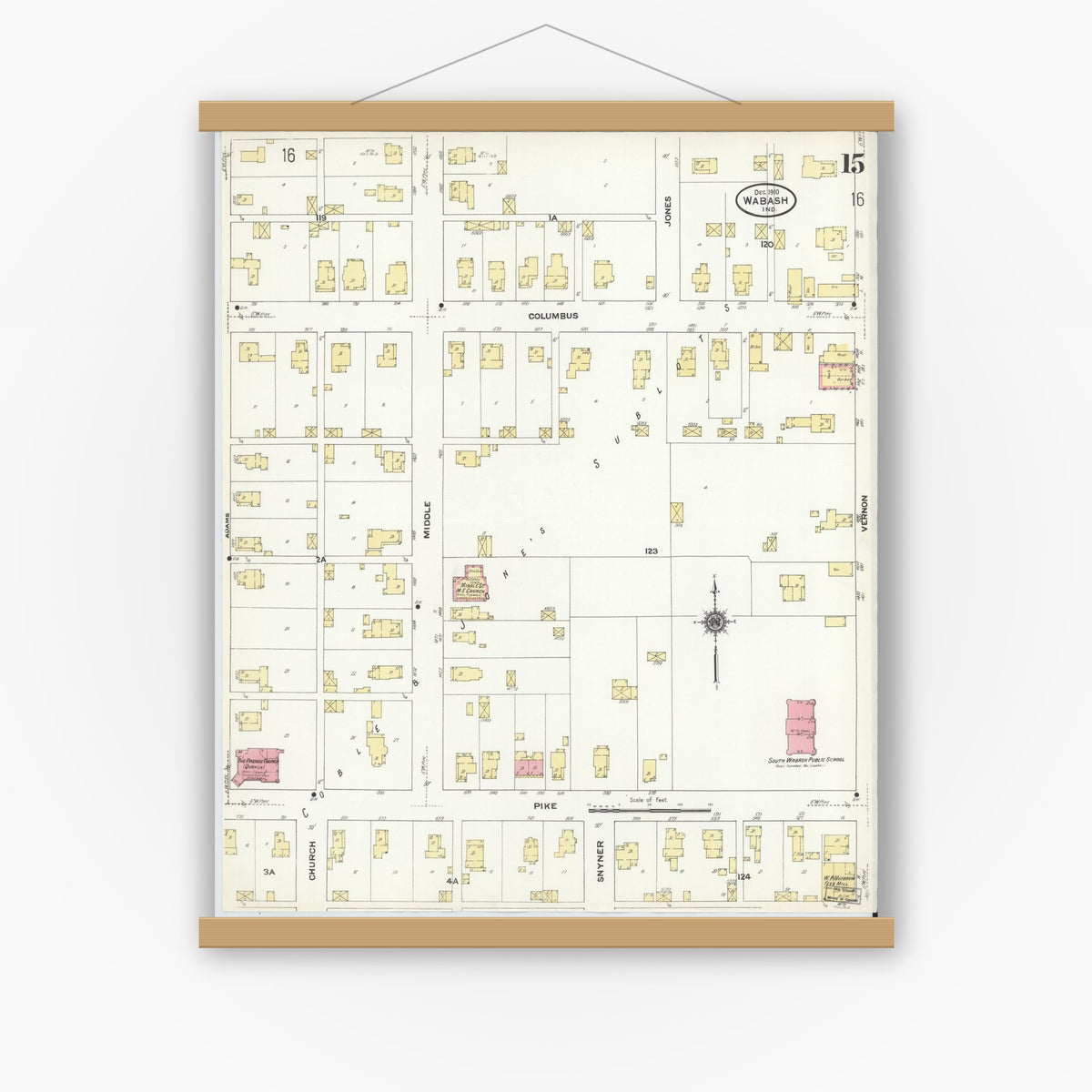 Old map wall art mockup — magnetic wood frame on white wall — Sanborn Fire Insurance Map from Wabash, Wabash County, Indiana (1910), Sheet #0015