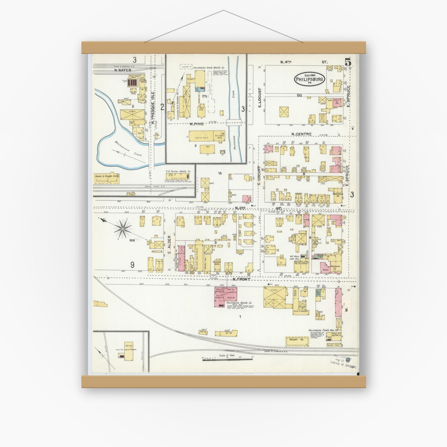 Old map wall art mockup — magnetic wood frame on white wall — Sanborn Fire Insurance Map from Philipsburg, Centre County, Pennsylvania (1904), Sheet #0005
