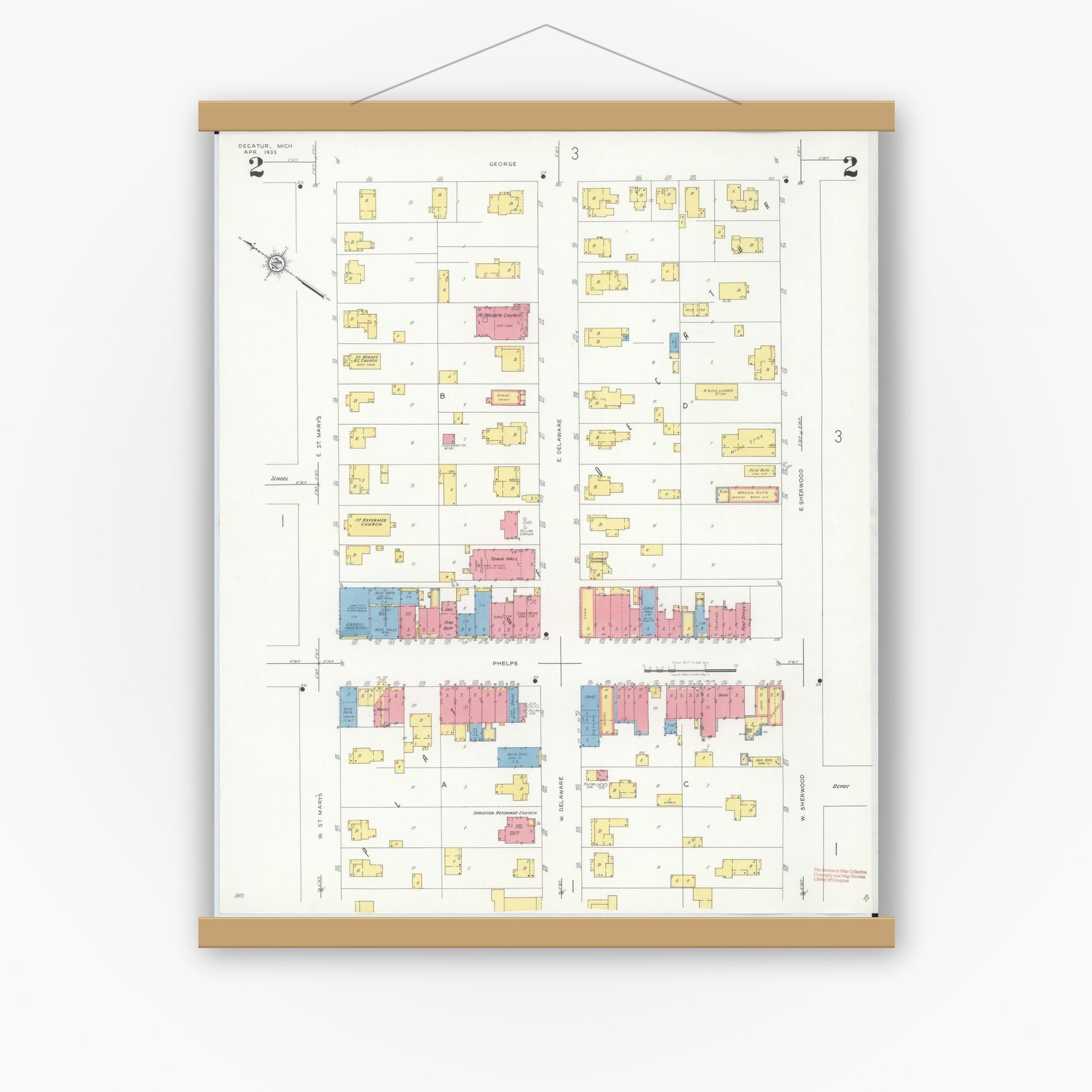 Old map wall art mockup — magnetic wood frame on white wall — Sanborn Fire Insurance Map from Decatur, Van Buren County, Michigan (1933), Sheet #0002