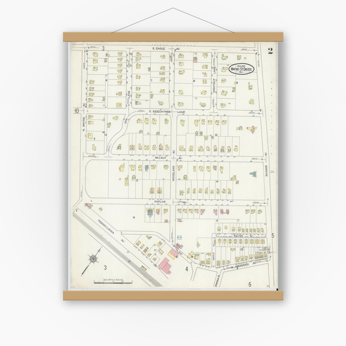 Old map wall art mockup — magnetic wood frame on white wall — Sanborn Fire Insurance Map from Wayne, Delaware County, Pennsylvania (1914), Sheet #0002
