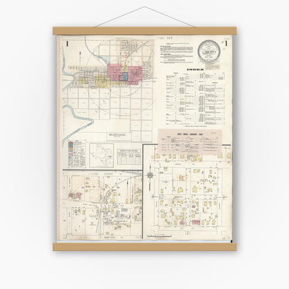 Old map wall art mockup — magnetic wood frame on white wall — Sanborn Fire Insurance Map from Liberty, Liberty County, Texas (1945), Sheet #0001