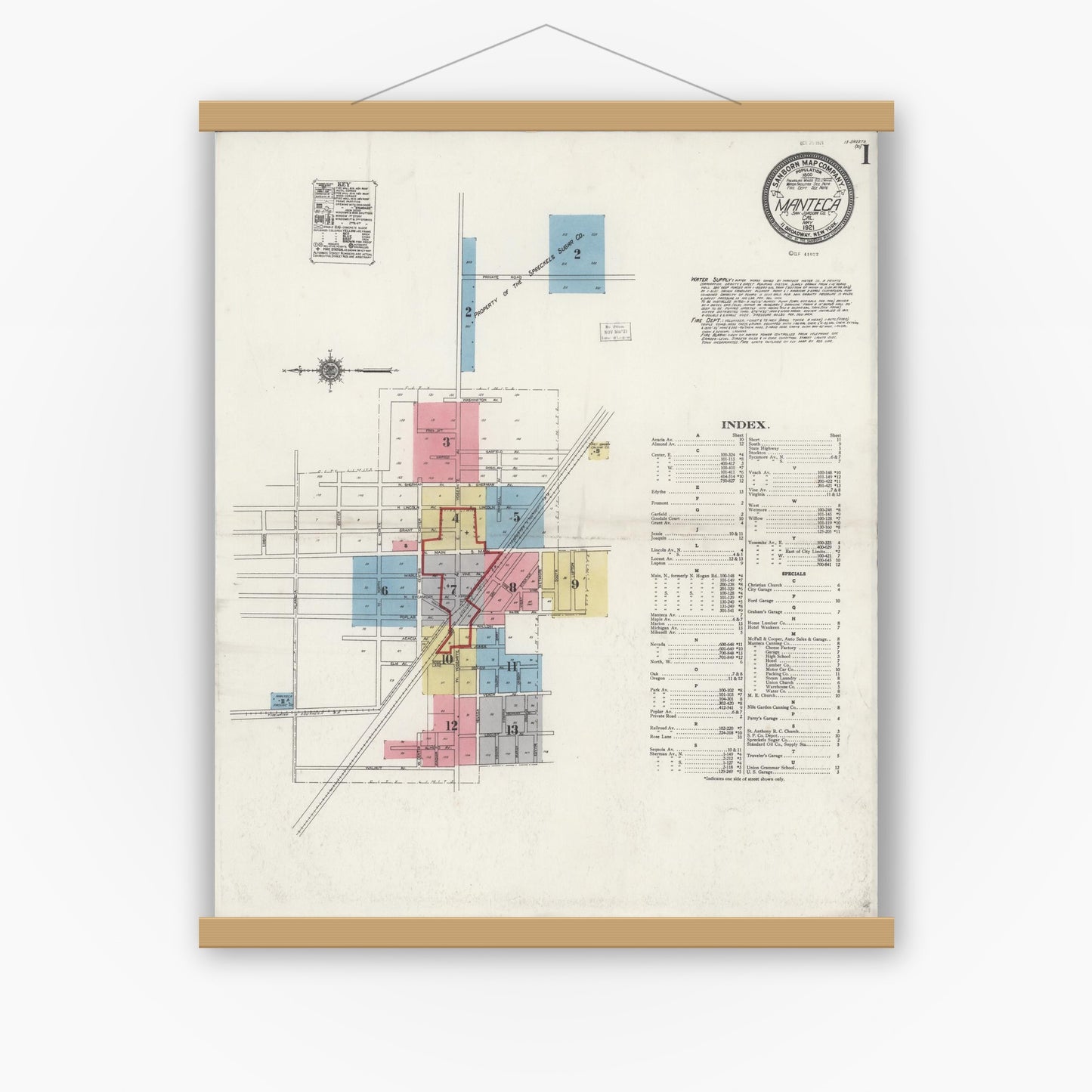 Old map wall art mockup — magnetic wood frame on white wall — Sanborn Fire Insurance Map from Manteca, San Joaquin County, California (1921) - Complete Map Set