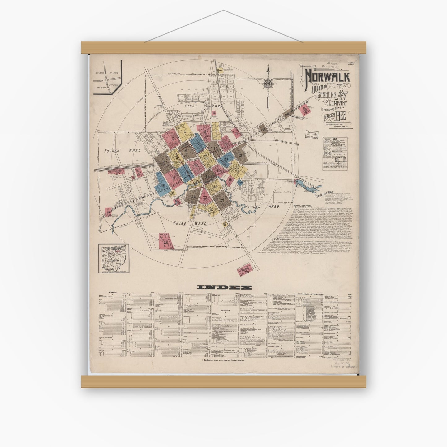 Old map wall art mockup — magnetic wood frame on white wall — Sanborn Fire Insurance Map from Norwalk, Huron County, Ohio (1922) - Complete Map Set