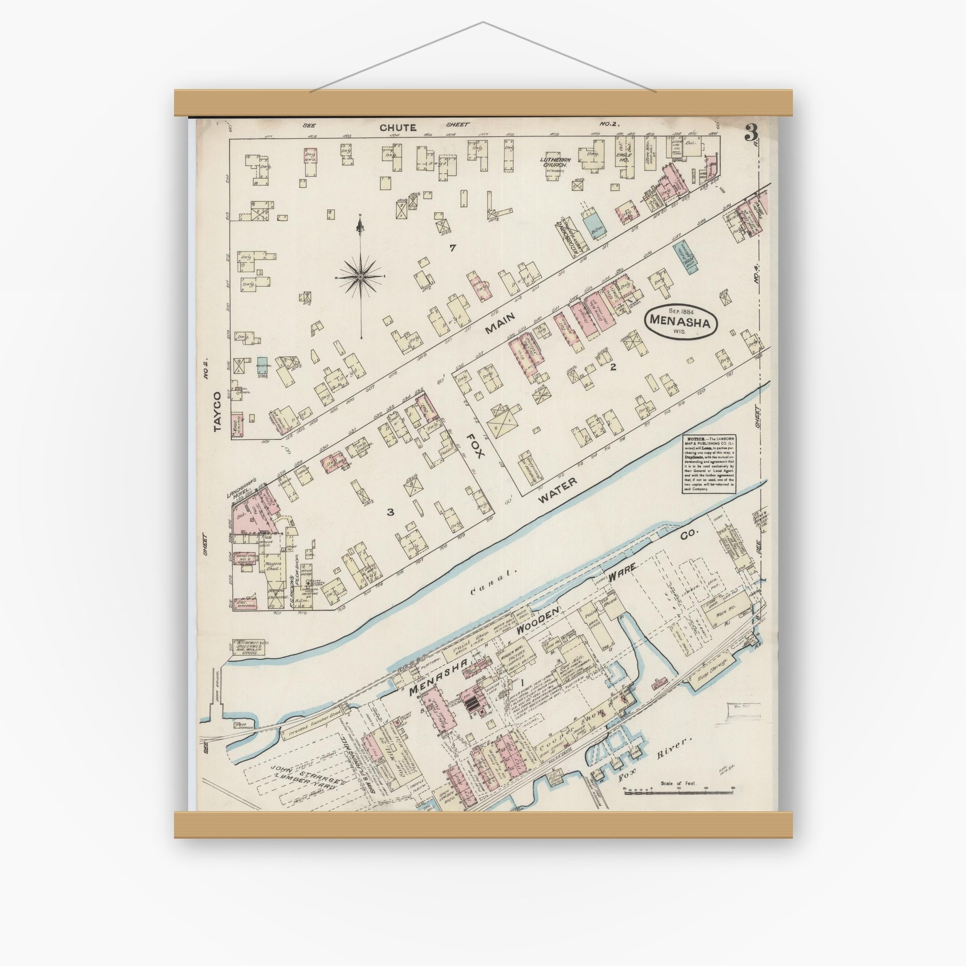 Old map wall art mockup — magnetic wood frame on white wall — Sanborn Fire Insurance Map from Menasha, Winnebago County, Wisconsin (1884), Sheet #0003