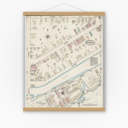 Old map wall art mockup — magnetic wood frame on white wall — Sanborn Fire Insurance Map from Menasha, Winnebago County, Wisconsin (1884), Sheet #0003