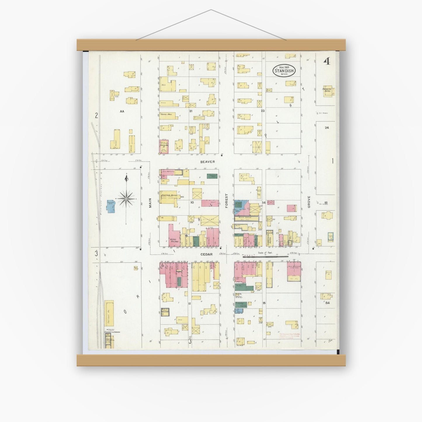 Old map wall art mockup — magnetic wood frame on white wall — Sanborn Fire Insurance Map from Standish, Arenac County, Michigan (1909), Sheet #0004