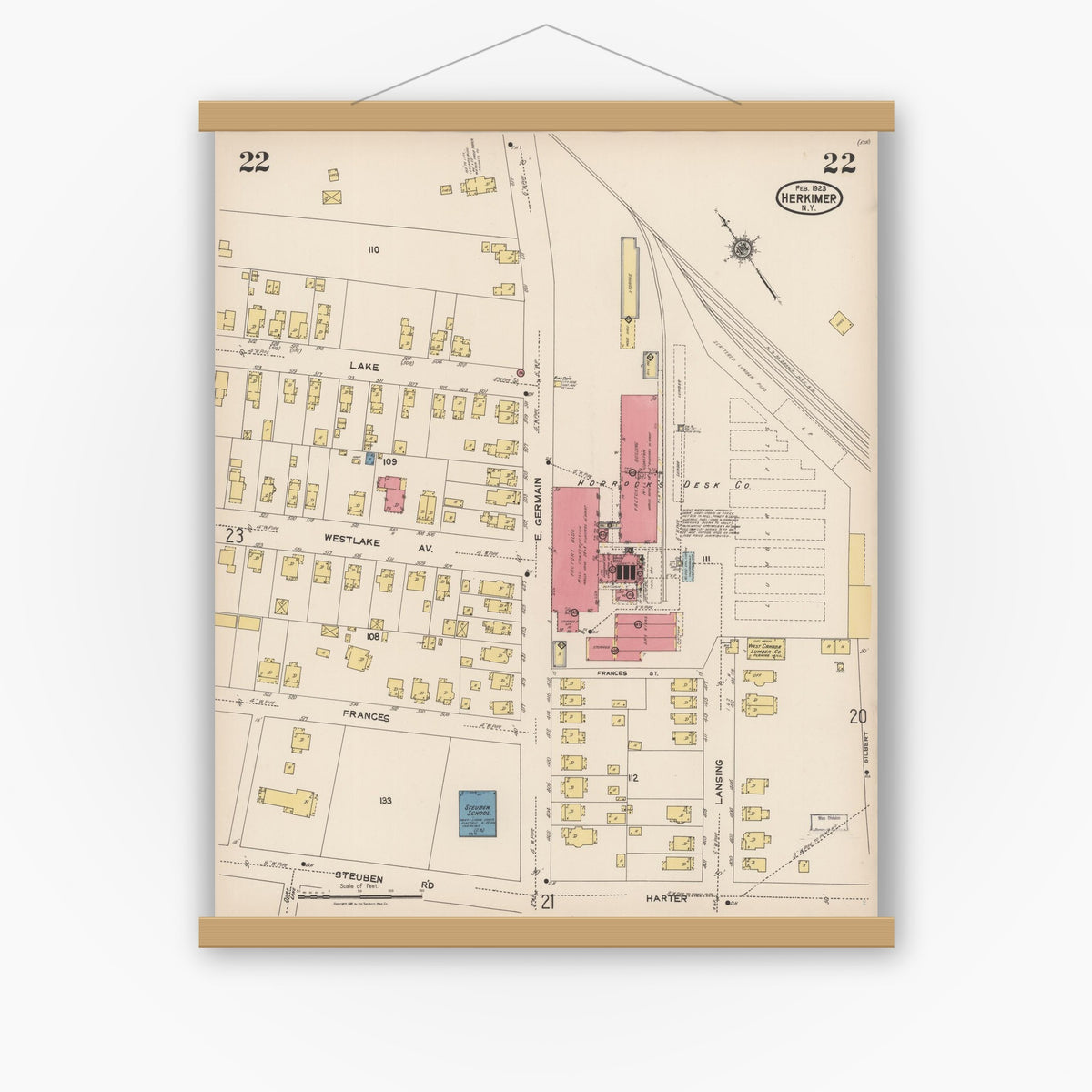 Old map wall art mockup — magnetic wood frame on white wall — Sanborn Fire Insurance Map from Herkimer, Herkimer County, New York (1923), Sheet #0022