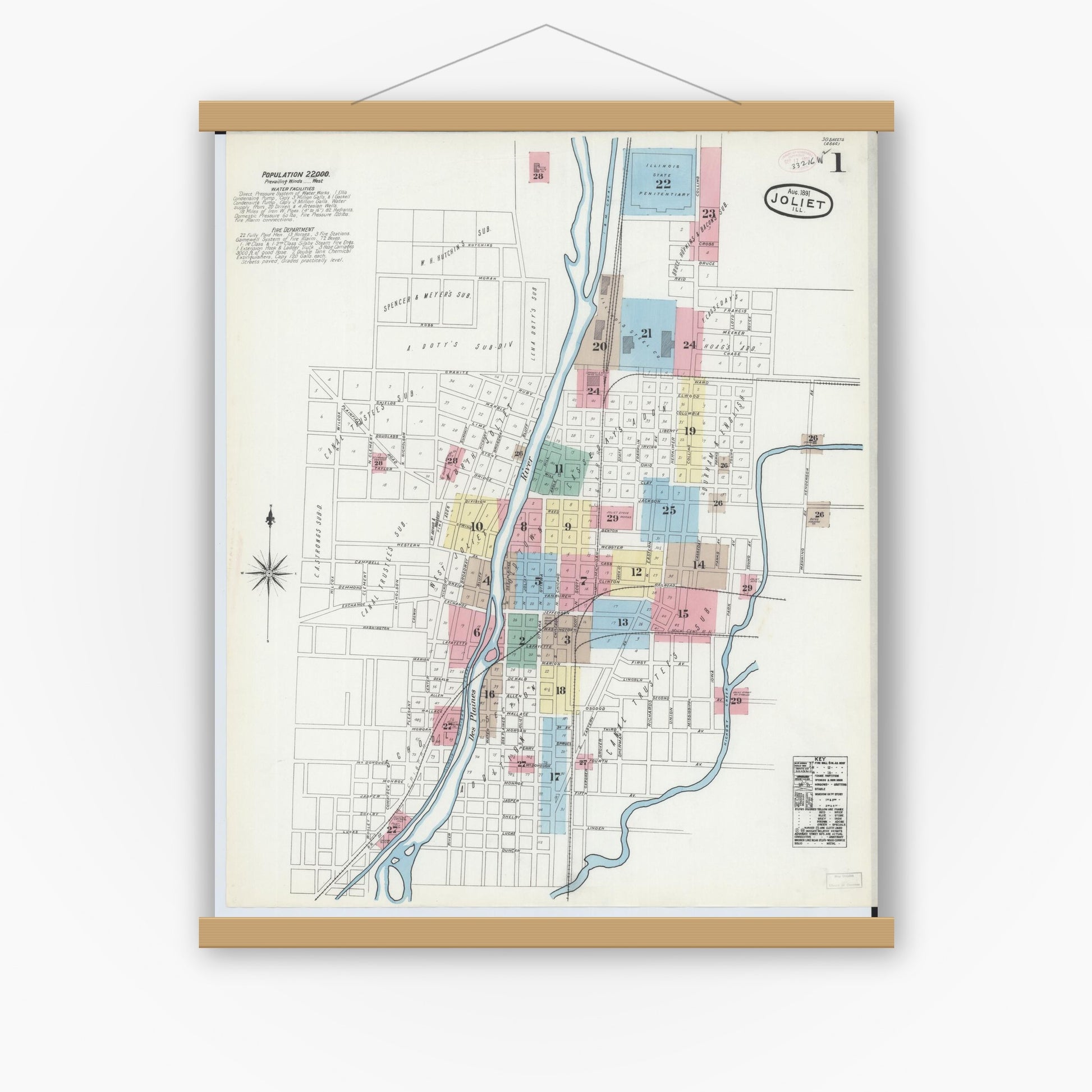 Old map wall art mockup — magnetic wood frame on white wall — Sanborn Fire Insurance Map from Joliet, Will County, Illinois (1891) - Complete Map Set