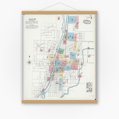 Old map wall art mockup — magnetic wood frame on white wall — Sanborn Fire Insurance Map from Joliet, Will County, Illinois (1891) - Complete Map Set