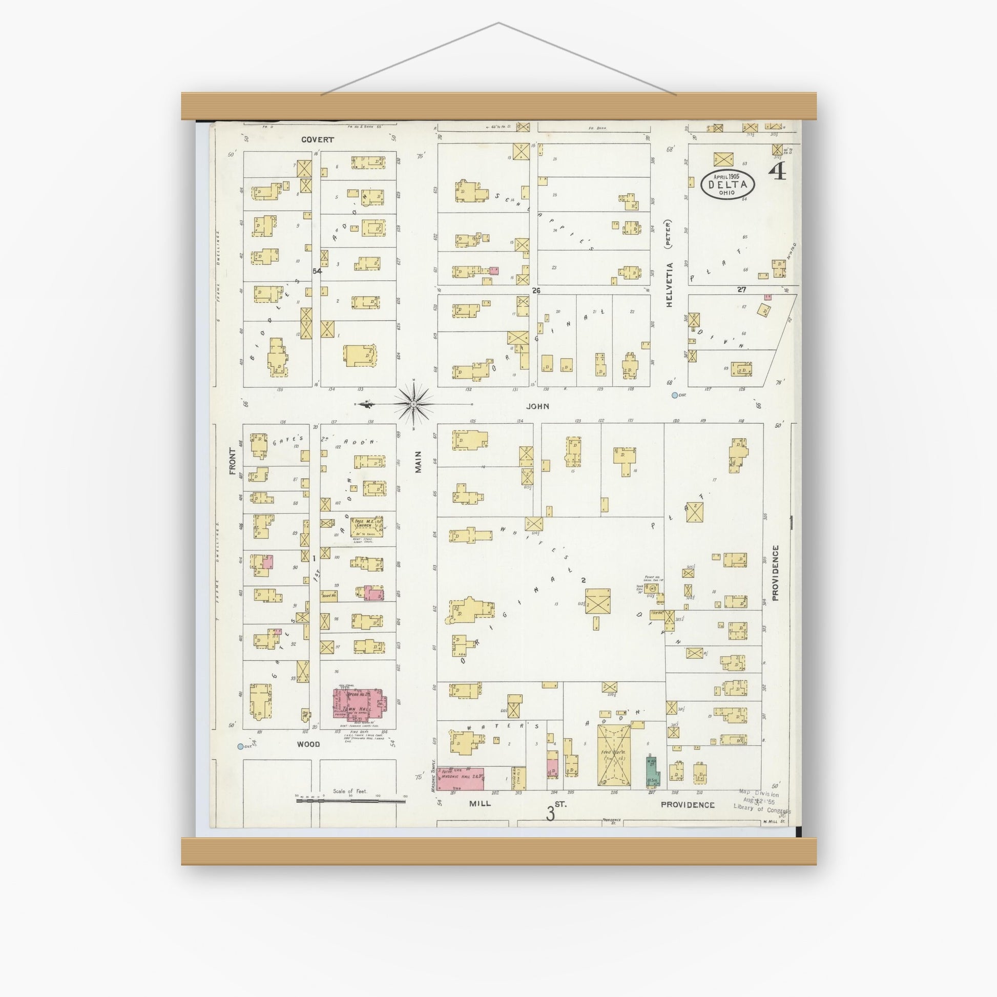 Old map wall art mockup — magnetic wood frame on white wall — Sanborn Fire Insurance Map from Delta, Fulton County, Ohio (1905), Sheet #0004