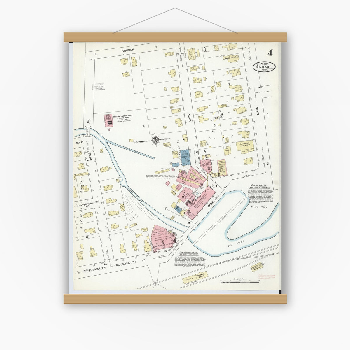 Old map wall art mockup — magnetic wood frame on white wall — Sanborn Fire Insurance Map from Northville, Wayne County, Michigan (1914), Sheet #0004