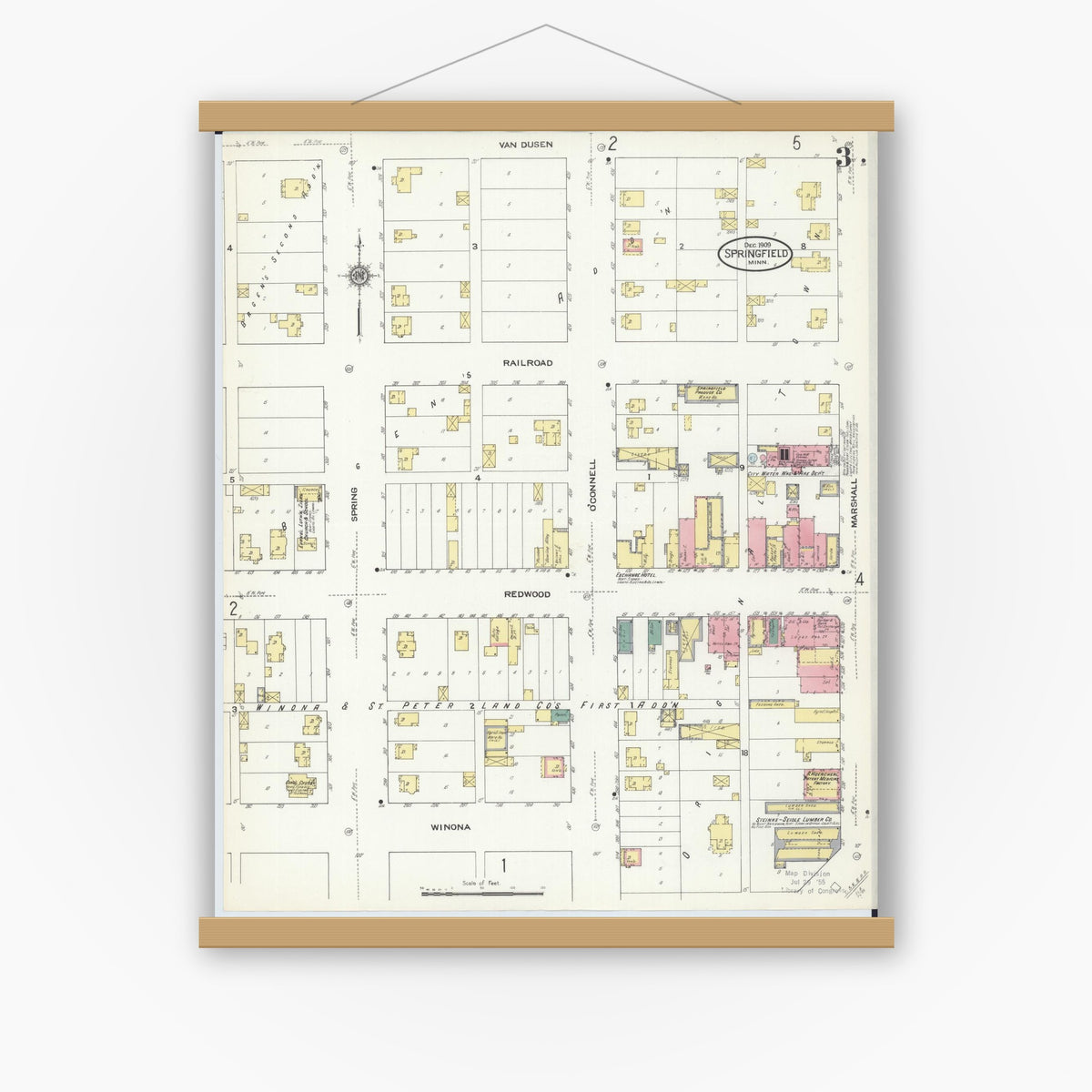 Old map wall art mockup — magnetic wood frame on white wall — Sanborn Fire Insurance Map from Springfield, Brown County, Minnesota (1909), Sheet #0003
