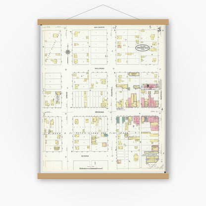 Old map wall art mockup — magnetic wood frame on white wall — Sanborn Fire Insurance Map from Springfield, Brown County, Minnesota (1909), Sheet #0003