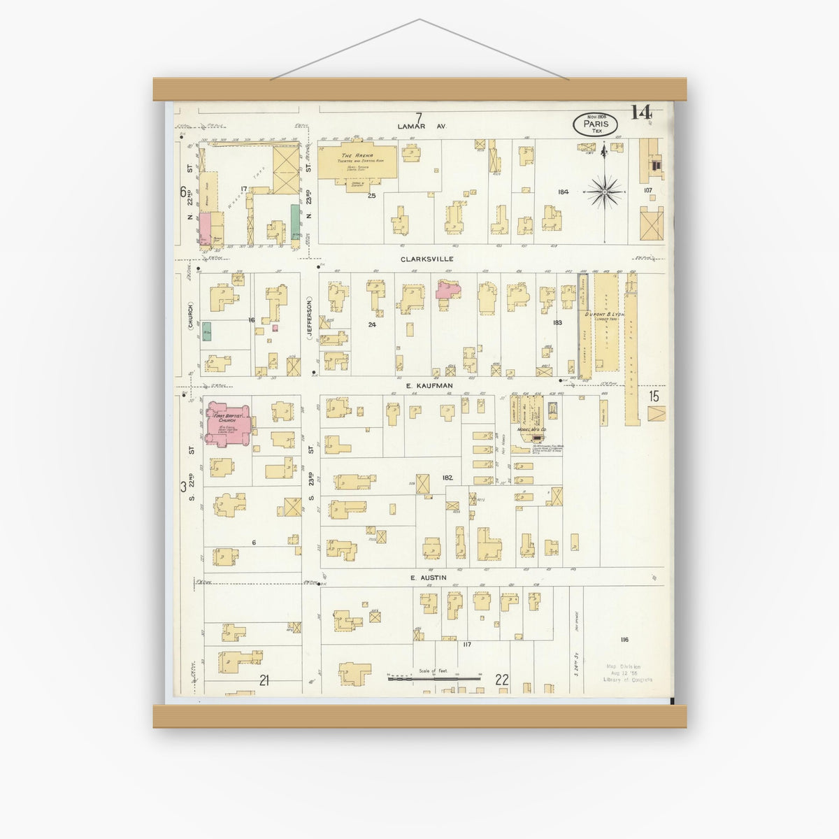 Old map wall art mockup — magnetic wood frame on white wall — Sanborn Fire Insurance Map from Paris, Lamar County, Texas (1908), Sheet #0014
