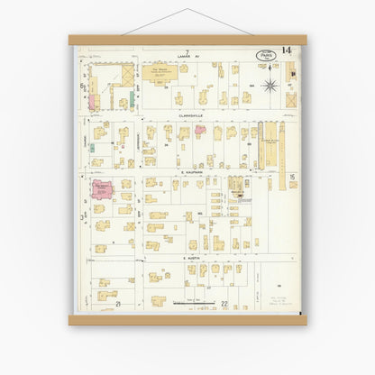 Old map wall art mockup — magnetic wood frame on white wall — Sanborn Fire Insurance Map from Paris, Lamar County, Texas (1908), Sheet #0014