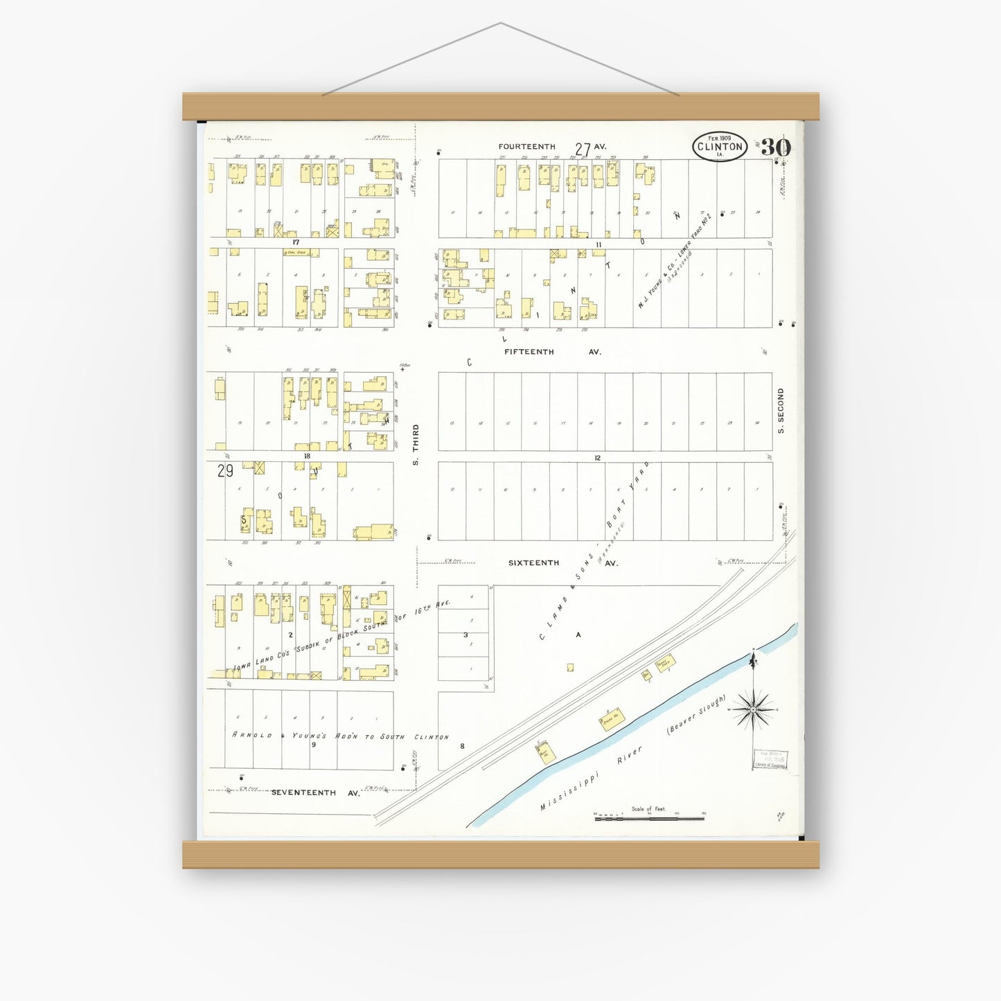 Old map wall art mockup — magnetic wood frame on white wall — Sanborn Fire Insurance Map from Clinton, Clinton County, Iowa (1909), Sheet #0030