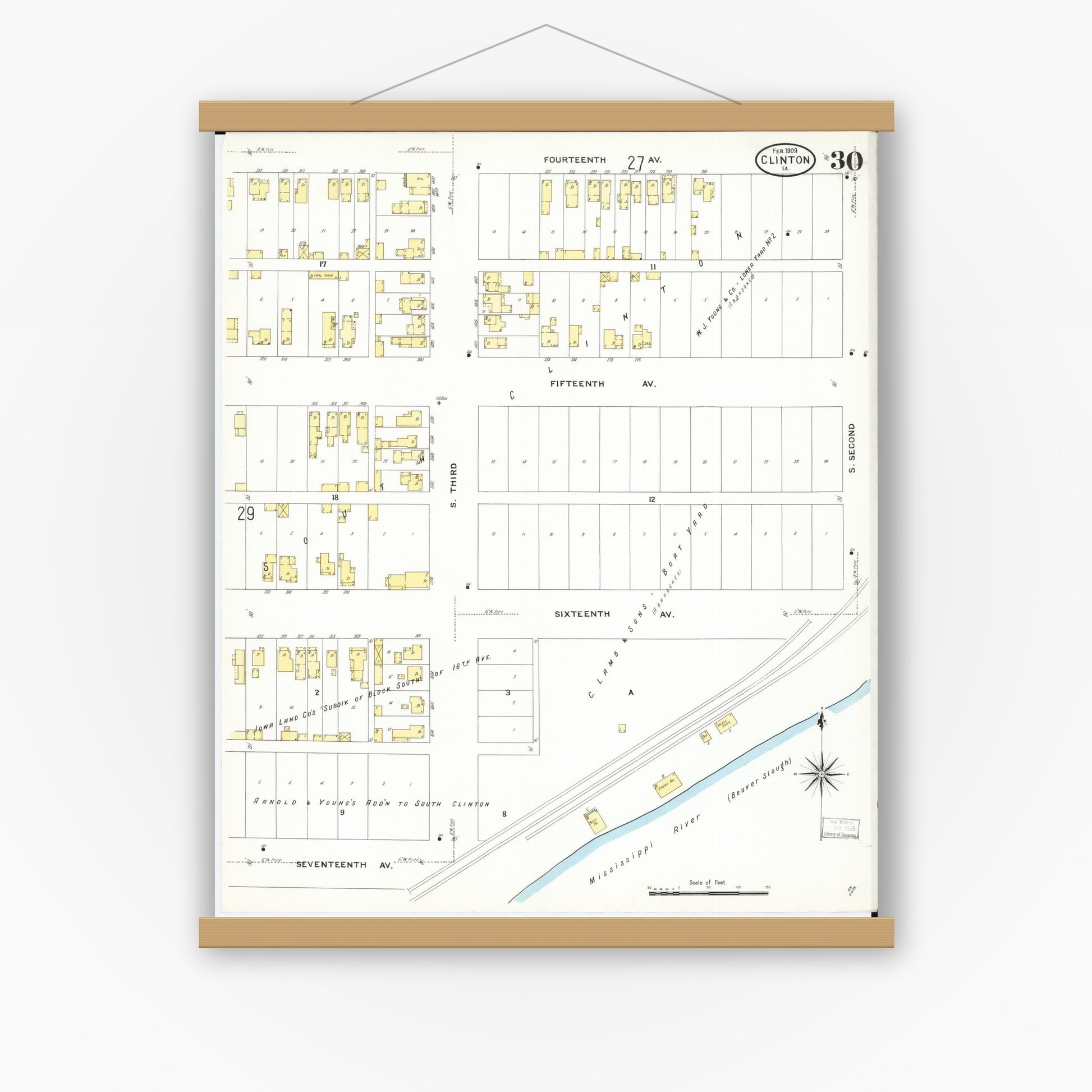 Old map wall art mockup — magnetic wood frame on white wall — Sanborn Fire Insurance Map from Clinton, Clinton County, Iowa (1909), Sheet #0030
