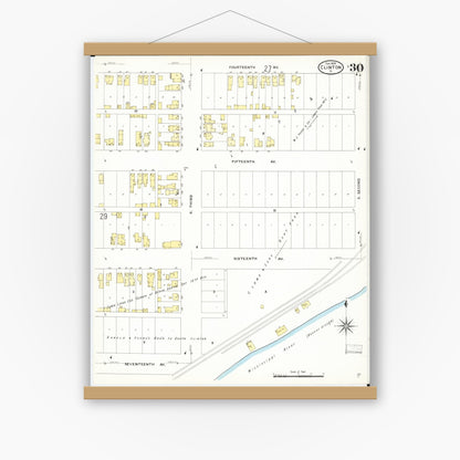 Old map wall art mockup — magnetic wood frame on white wall — Sanborn Fire Insurance Map from Clinton, Clinton County, Iowa (1909), Sheet #0030