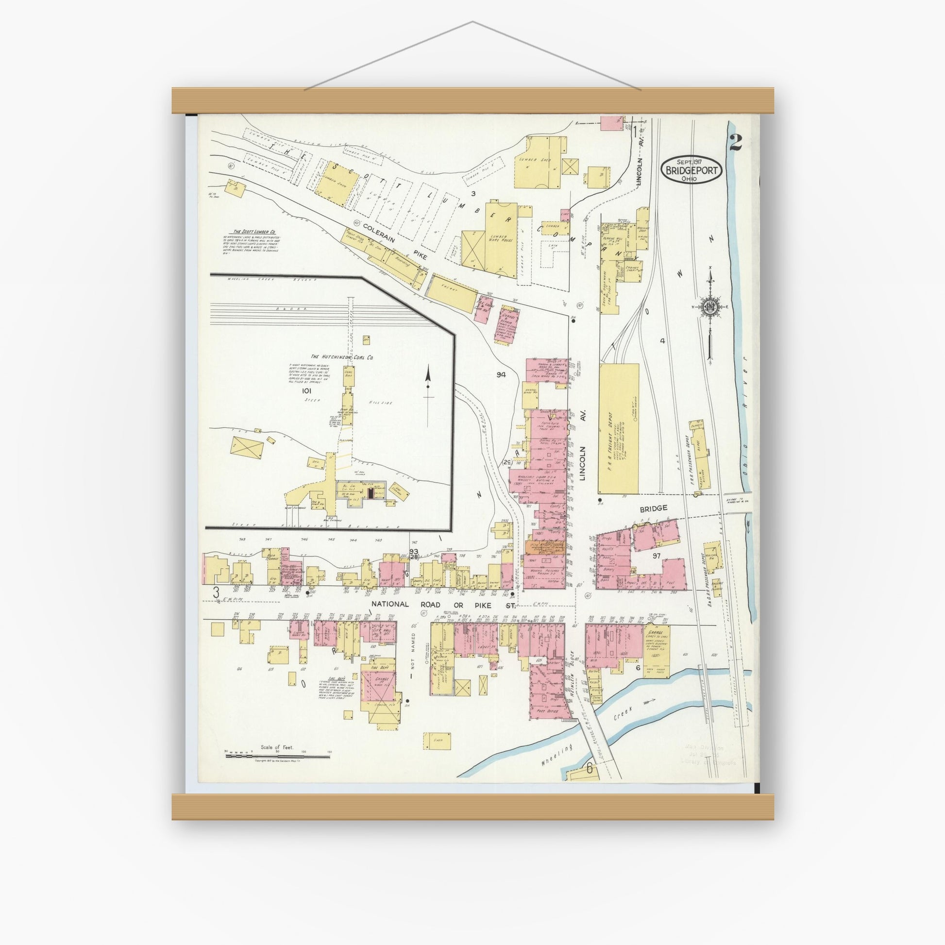 Old map wall art mockup — magnetic wood frame on white wall — Sanborn Fire Insurance Map from Bridgeport, Belmont County, Ohio (1917), Sheet #0002