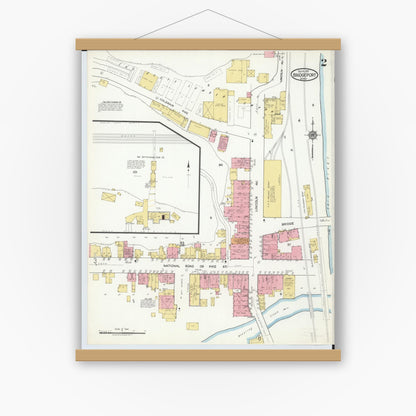 Old map wall art mockup — magnetic wood frame on white wall — Sanborn Fire Insurance Map from Bridgeport, Belmont County, Ohio (1917), Sheet #0002