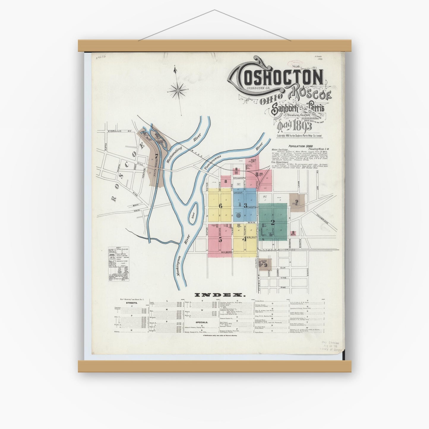 Old map wall art mockup — magnetic wood frame on white wall — Sanborn Fire Insurance Map from Coshocton, Coshocton County, Ohio (1893), Sheet #0001