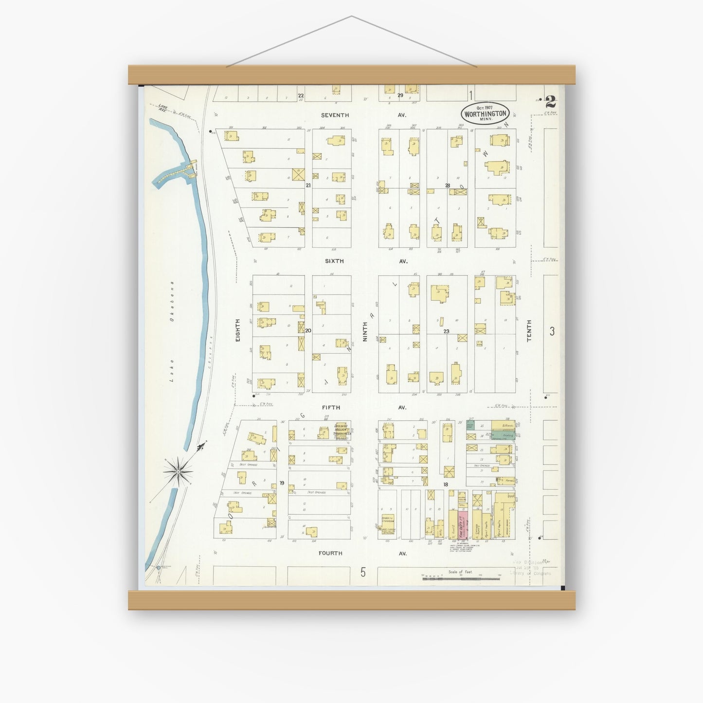 Old map wall art mockup — magnetic wood frame on white wall — Sanborn Fire Insurance Map from Worthington, Nobles County, Minnesota (1907), Sheet #0002
