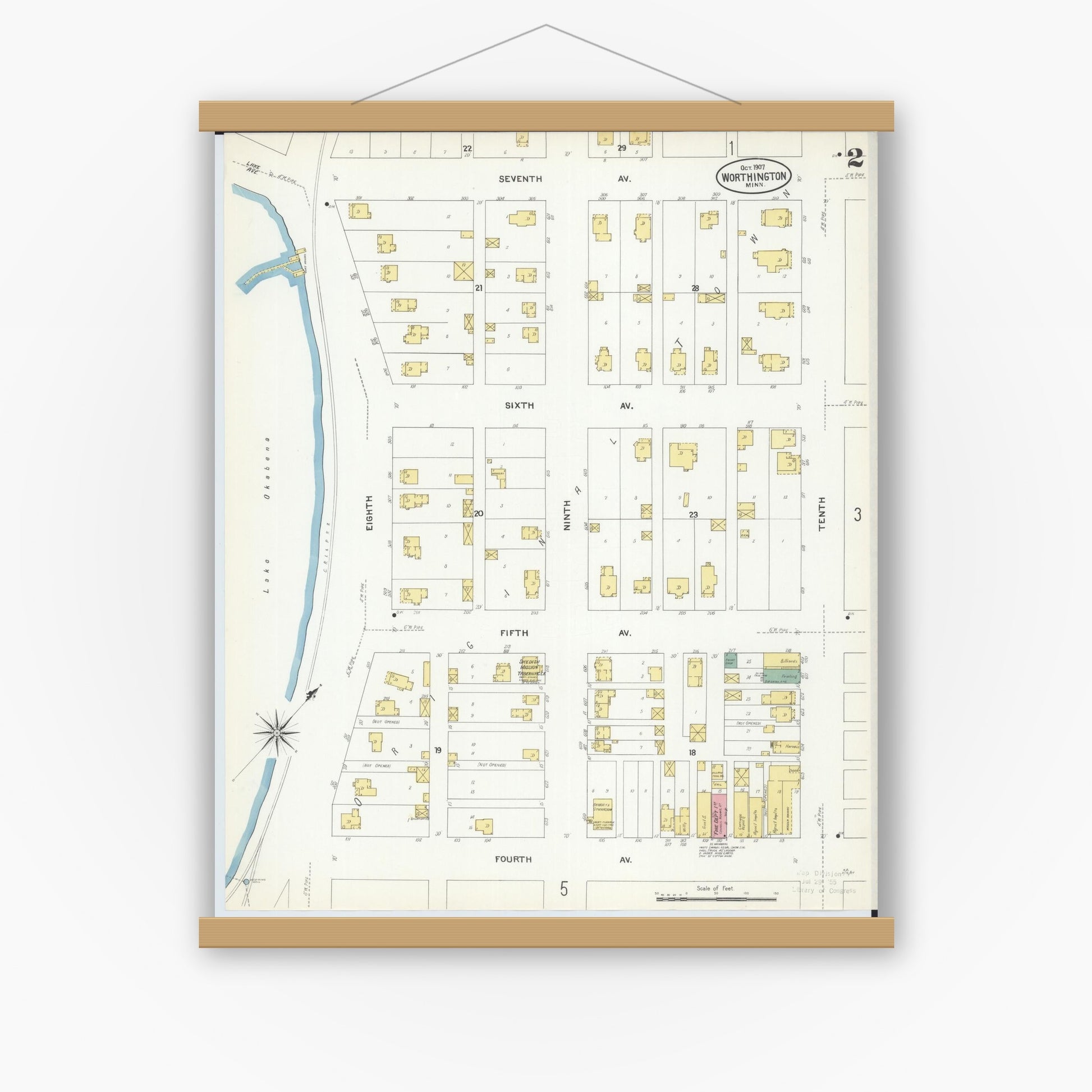 Old map wall art mockup — magnetic wood frame on white wall — Sanborn Fire Insurance Map from Worthington, Nobles County, Minnesota (1907), Sheet #0002