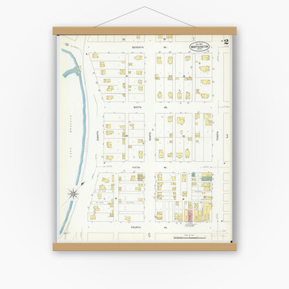 Old map wall art mockup — magnetic wood frame on white wall — Sanborn Fire Insurance Map from Worthington, Nobles County, Minnesota (1907), Sheet #0002