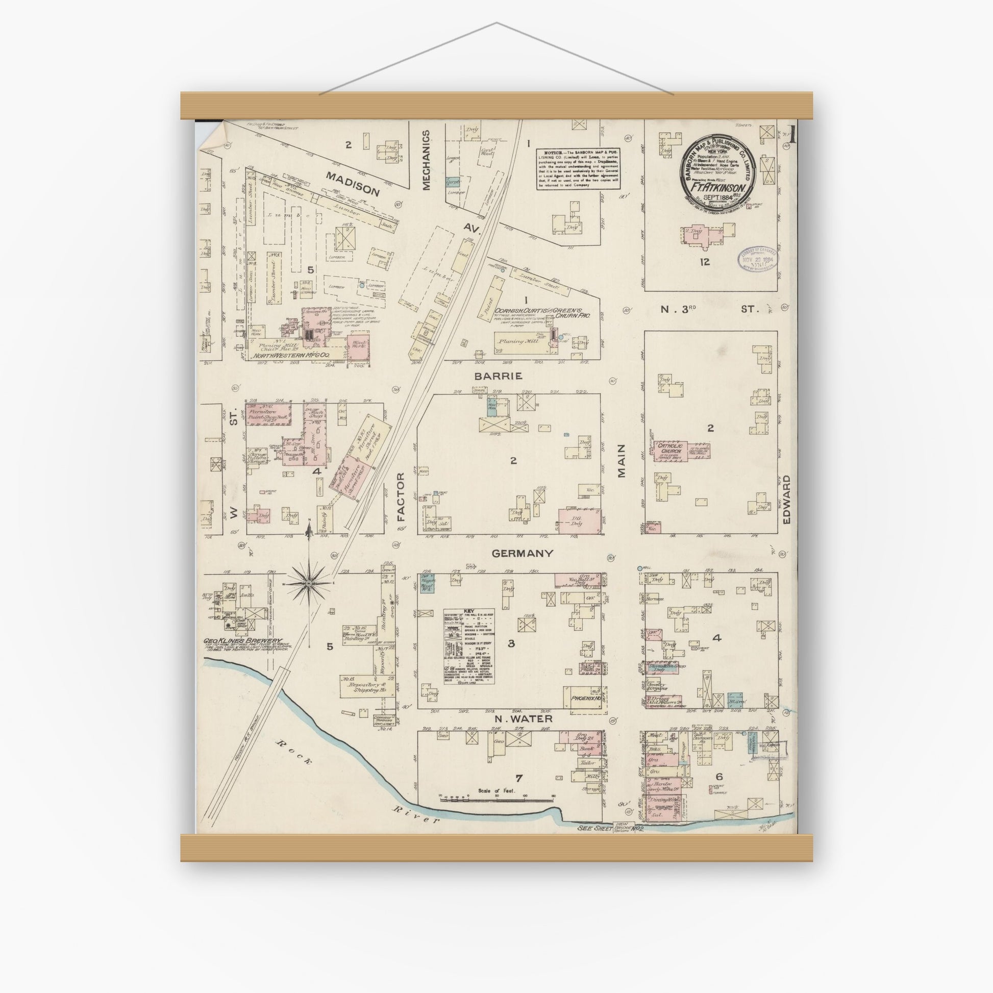 Old map wall art mockup — magnetic wood frame on white wall — Sanborn Fire Insurance Map from Fort Atkinson, Jefferson County, Wisconsin (1884), Sheet #0001