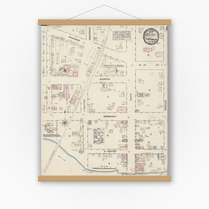Old map wall art mockup — magnetic wood frame on white wall — Sanborn Fire Insurance Map from Fort Atkinson, Jefferson County, Wisconsin (1884), Sheet #0001