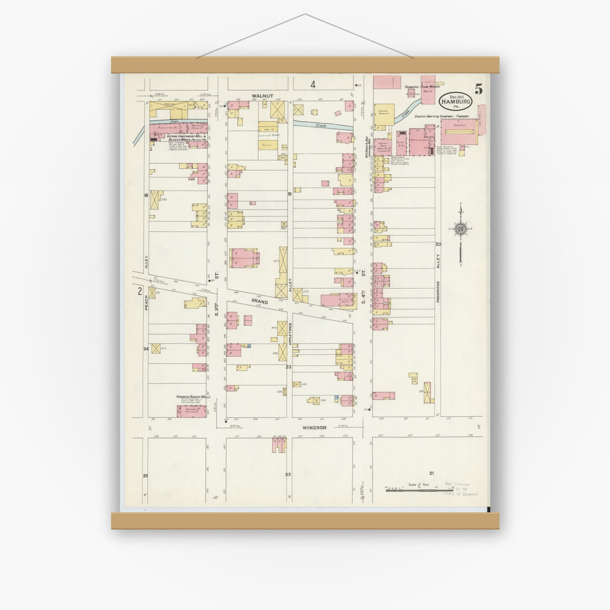 Old map wall art mockup — magnetic wood frame on white wall — Sanborn Fire Insurance Map from Hamburg, Berks County, Pennsylvania (1910), Sheet #0005