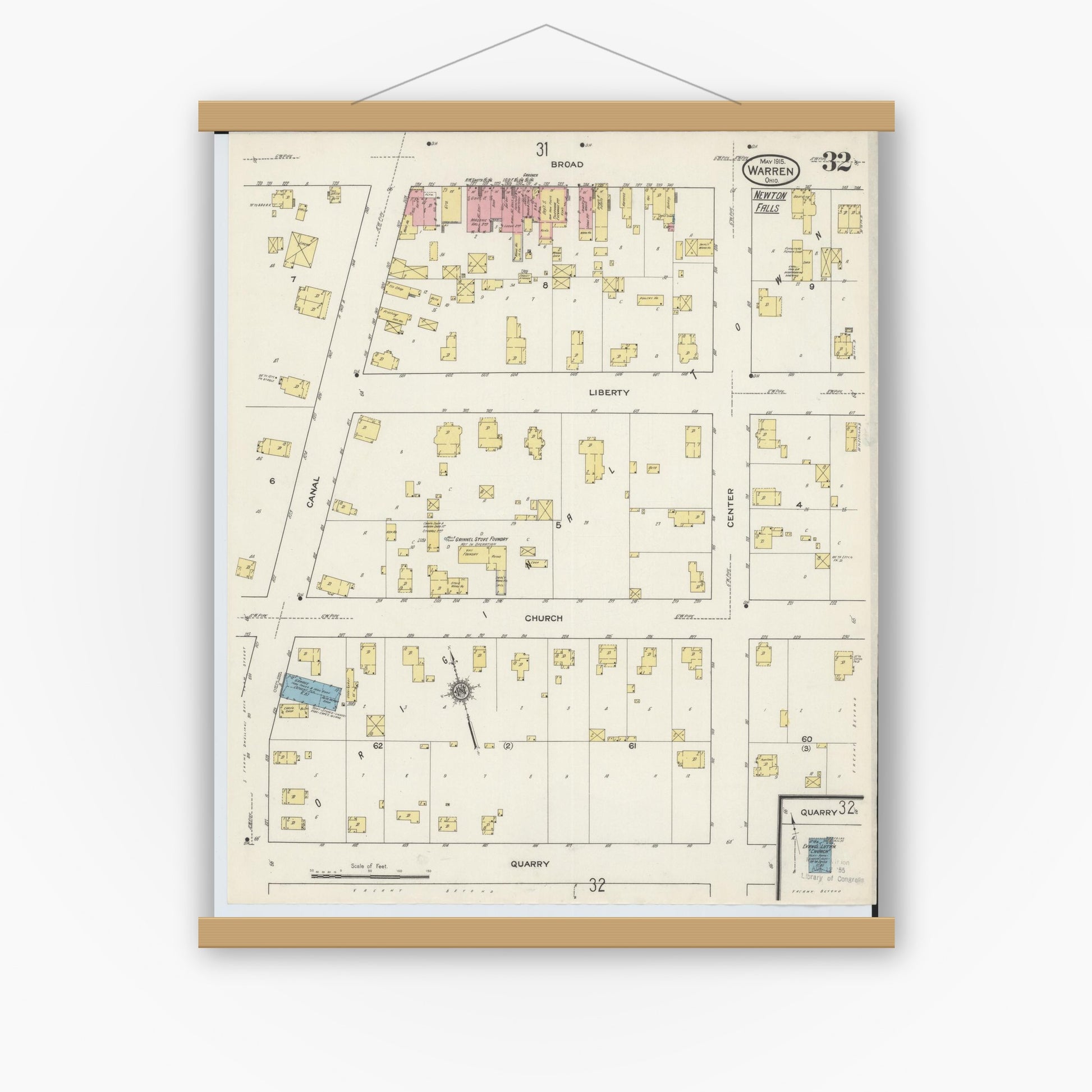 Old map wall art mockup — magnetic wood frame on white wall — Sanborn Fire Insurance Map from Warren, Trumbull County, Ohio (1915), Sheet #0032