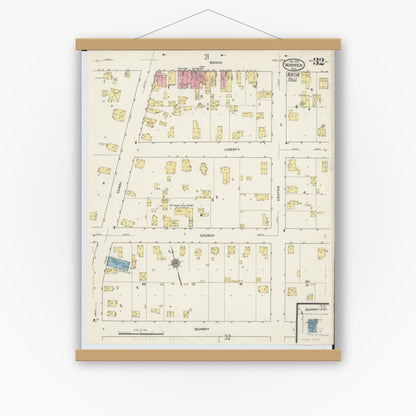 Old map wall art mockup — magnetic wood frame on white wall — Sanborn Fire Insurance Map from Warren, Trumbull County, Ohio (1915), Sheet #0032
