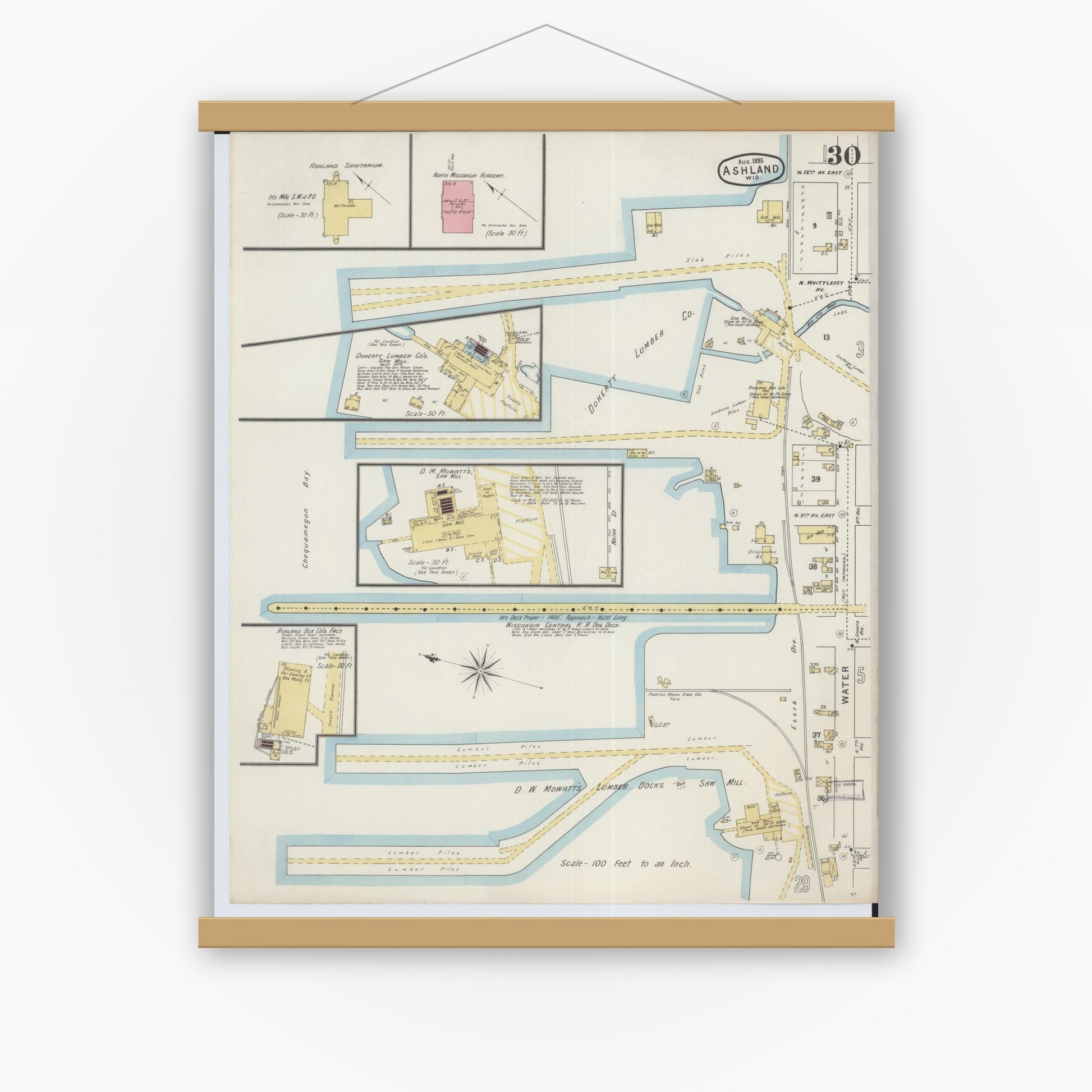 Old map wall art mockup — magnetic wood frame on white wall — Sanborn Fire Insurance Map from Ashland, Ashland County, Wisconsin (1895), Sheet #0030
