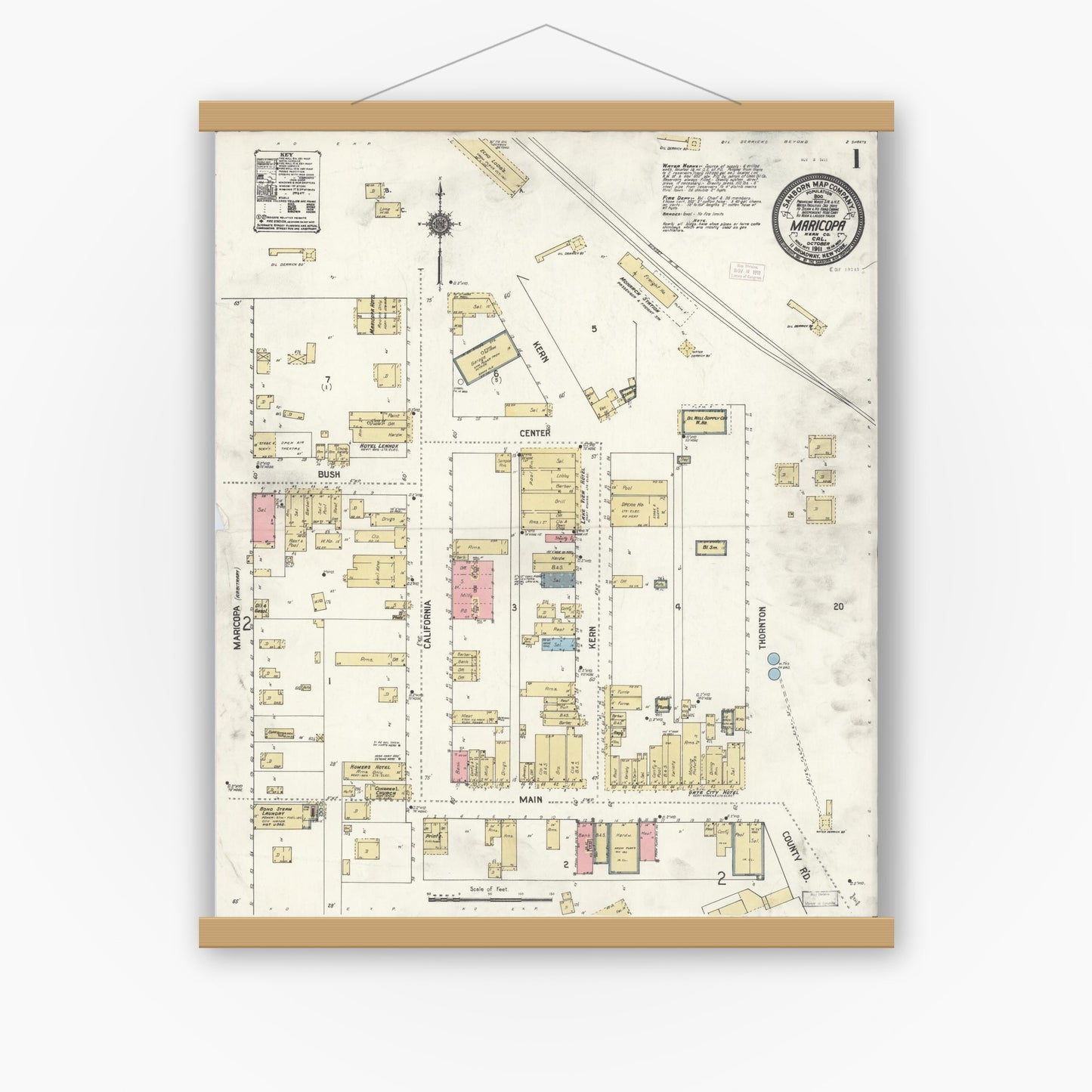 Old map wall art mockup — magnetic wood frame on white wall — Sanborn Fire Insurance Map from Maricopa, Kern County, California (1911) - Complete Map Set